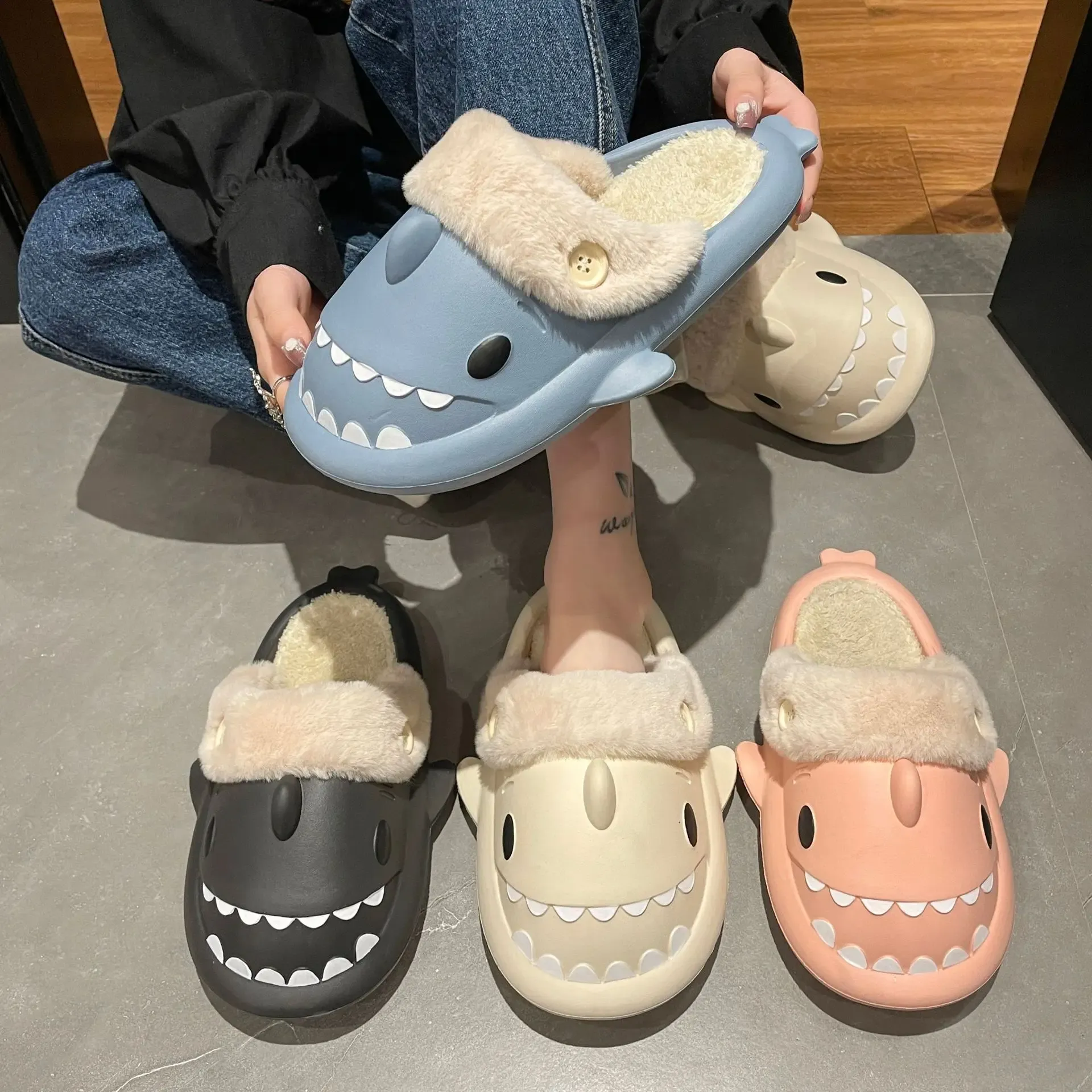 Slippers Shark Cotton Slippers Woman Waterproof Winter Indoor Nonslip Slides Plush Warm Couple Home Sandals Flat Shoe Shark Flip Flops