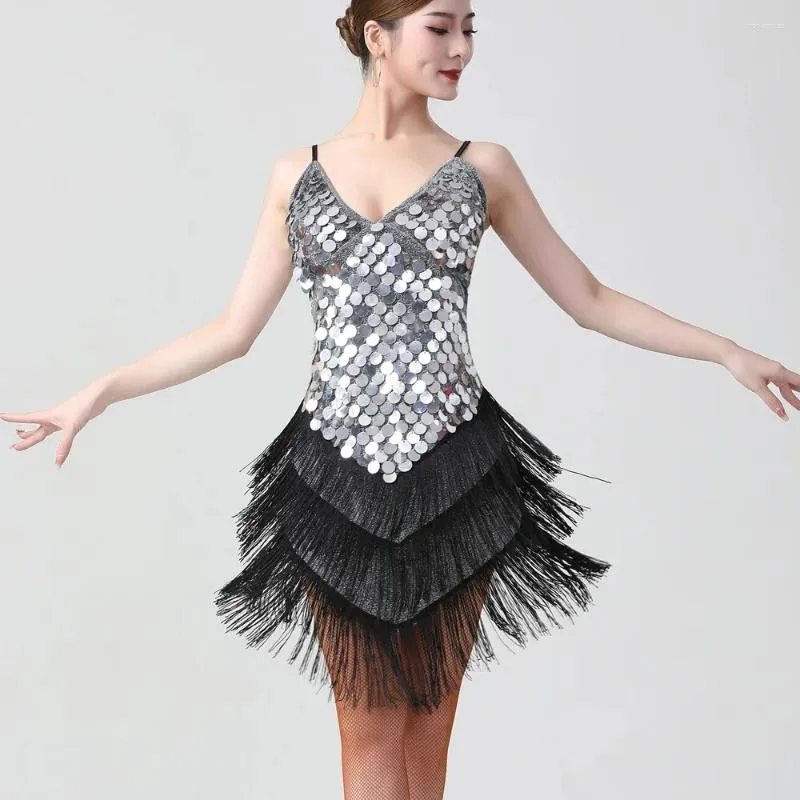 캐주얼 드레스 1920 년대 Charleston Flapper 소녀 팬시 드레스 20S 개츠비 프린지 스팽글 섹시 V- 넥 스파게티 스트랩 파티 라틴 댄스 의상