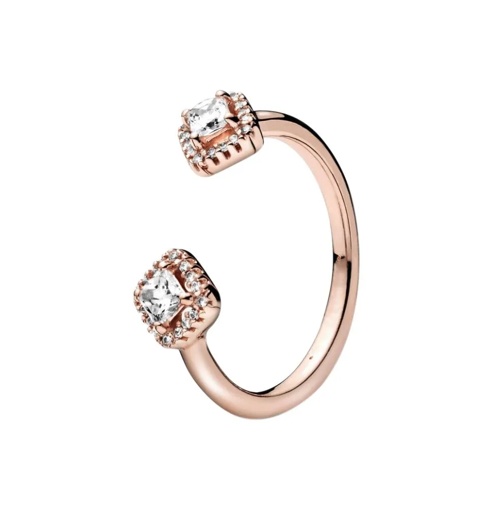 Square Sparkle Rose Gold Open Anneau avec boîte d'origine pour P Real Sterling Silver CZ Diamond Mariage de mariage pour les femmes Girls Girlfriend Gift Bielry4828880