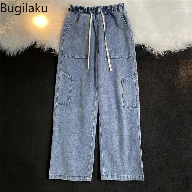 Women's Jeans Bugilaku High Street Fashion Men's Japanese Elastic Waist Straight Loose Cargo Pants Four Seasons Wide Leg Pantalones