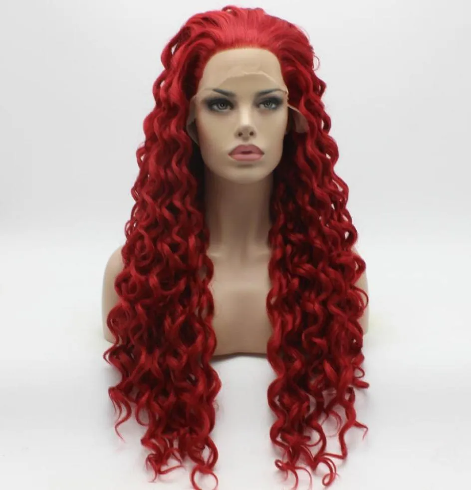 Iwona Hair Curly Long Red Peruka 183100 Pół ręcznie związany ciepło odporny na syntetyczny koronkowy festiwal Wig6604169