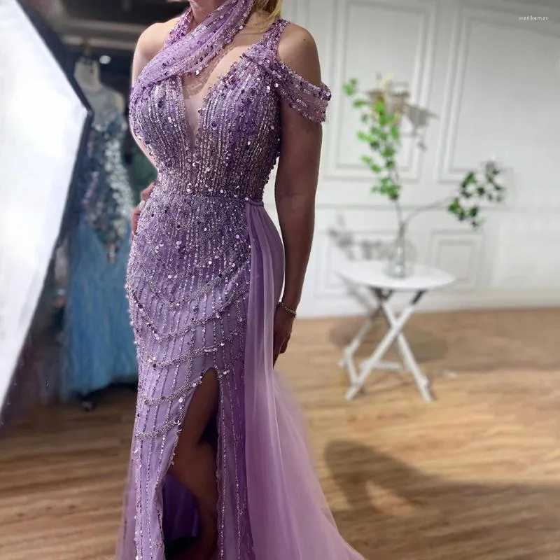 Party Dresses Serene Hill Luxury Pärled Lilac Evening Elegant Long Arabiska prom Formella klänningar för kvinnor Bröllop 2024 LA71778A