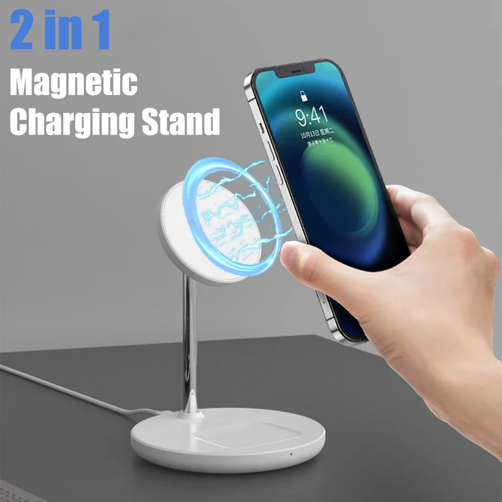 Chargers Magnetic Wireless Charger 18W 2 i 1 Stand för iPhone 15 Pro 14 13 Magcafe telefonhållare Qi Charging Station för AirPods Pro 2 3