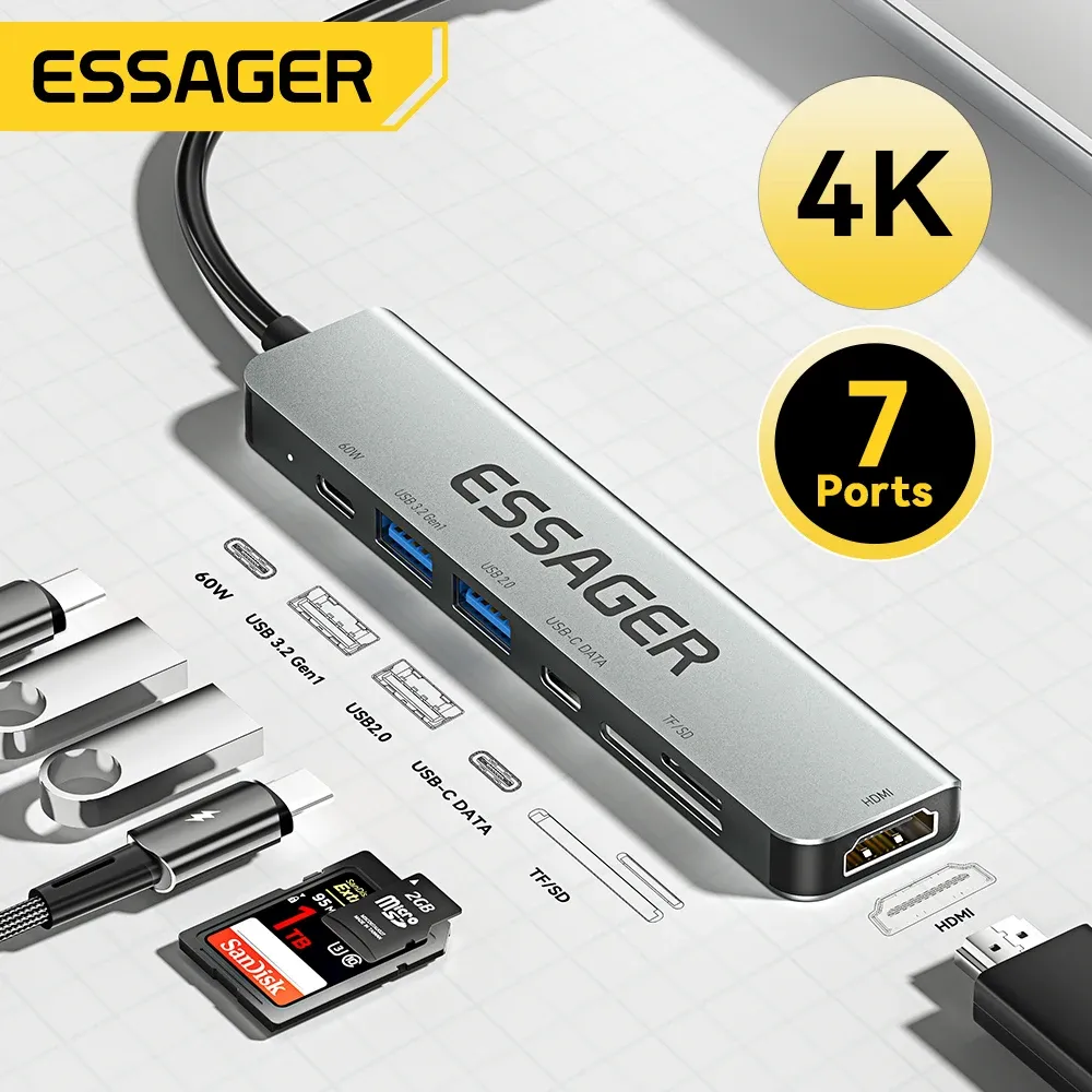 Hubs Essager USB C Hub Typec à HDMICOMPATIBLE 4K 30HZ PD 60W CHARGER ADAPTER Station de quai