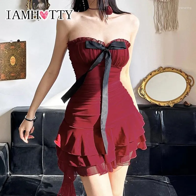 Casual Dresses IAMTY Sexy Milkmaid Tube Dress Red Contrast Color Bow Patchwork Strapless Tiered Ruffle Mini Holiday Party Cute Robe