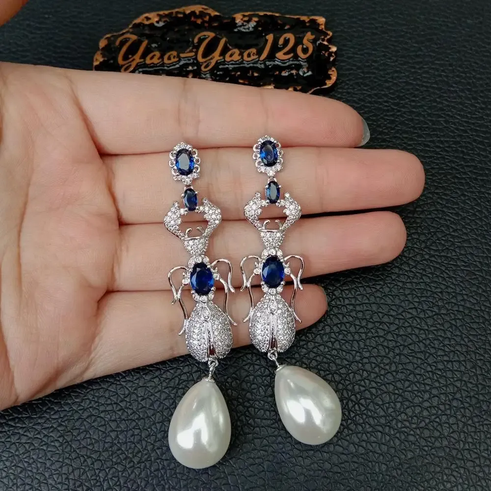 Earrings YYGEM animal Blue Cz Pave Insect Teardrop White Sea Shell Pearl Stud Earrings punk style for women