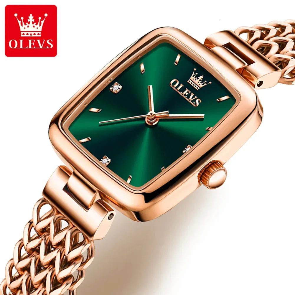 Olevs kwarc zegarek dla kobiet eleganckie różowe złoto ze stali nierdzewnej kwadrat oryginalny damski zegarek do biżuterii