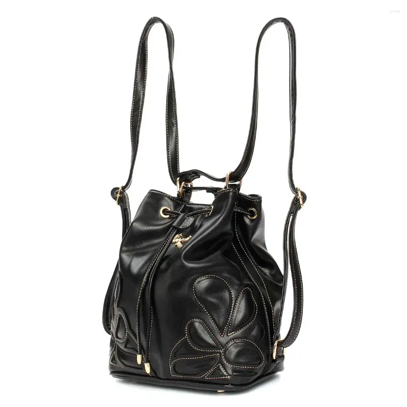 Drawstring Women Leather Bucket Bag Casual Floral Print Crossbody Ladies Elegant Shoulder Travel Backapck