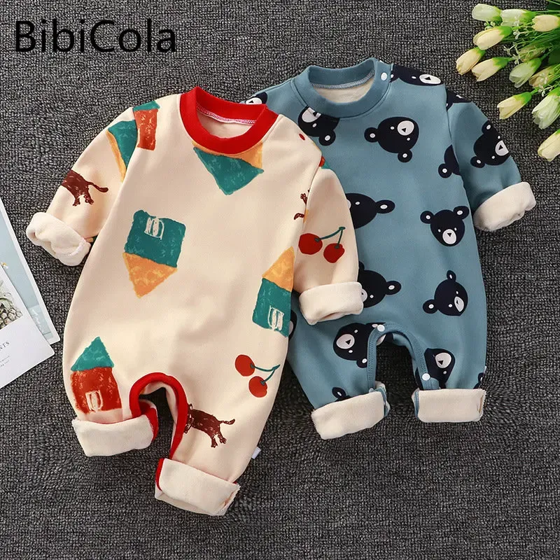 Pieces de uma peças meninas meninos longsleeve macacão bebê macacão primavera e outono meninas recém-nascidas roupas de desenho animado lã de lã de lã de lã