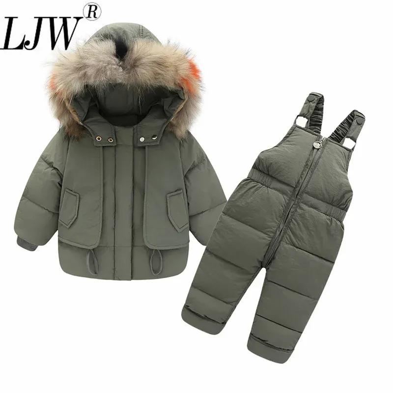 Coats 26 year old children's down jacket suit winter boys and girls thickened jumpsuit big fur collar thickened hooded jacket