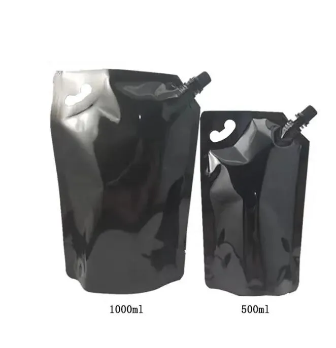 500 ml / 1000 ml Sac de buse noire Aspiration boisson stand up sac jus thé gelée de buse liquide