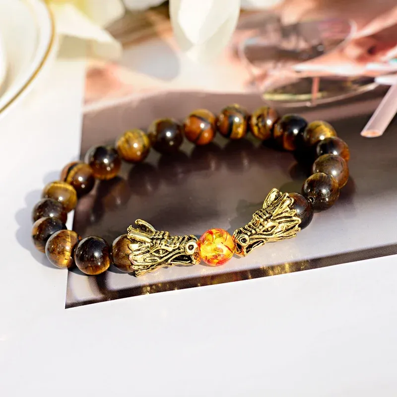 Brins Douvei Tiger Eye Stone Bracelet Men Vintage Gold Color Dragon Head Lava Stone Beads Braceletsbangles pour les femmes ABD004