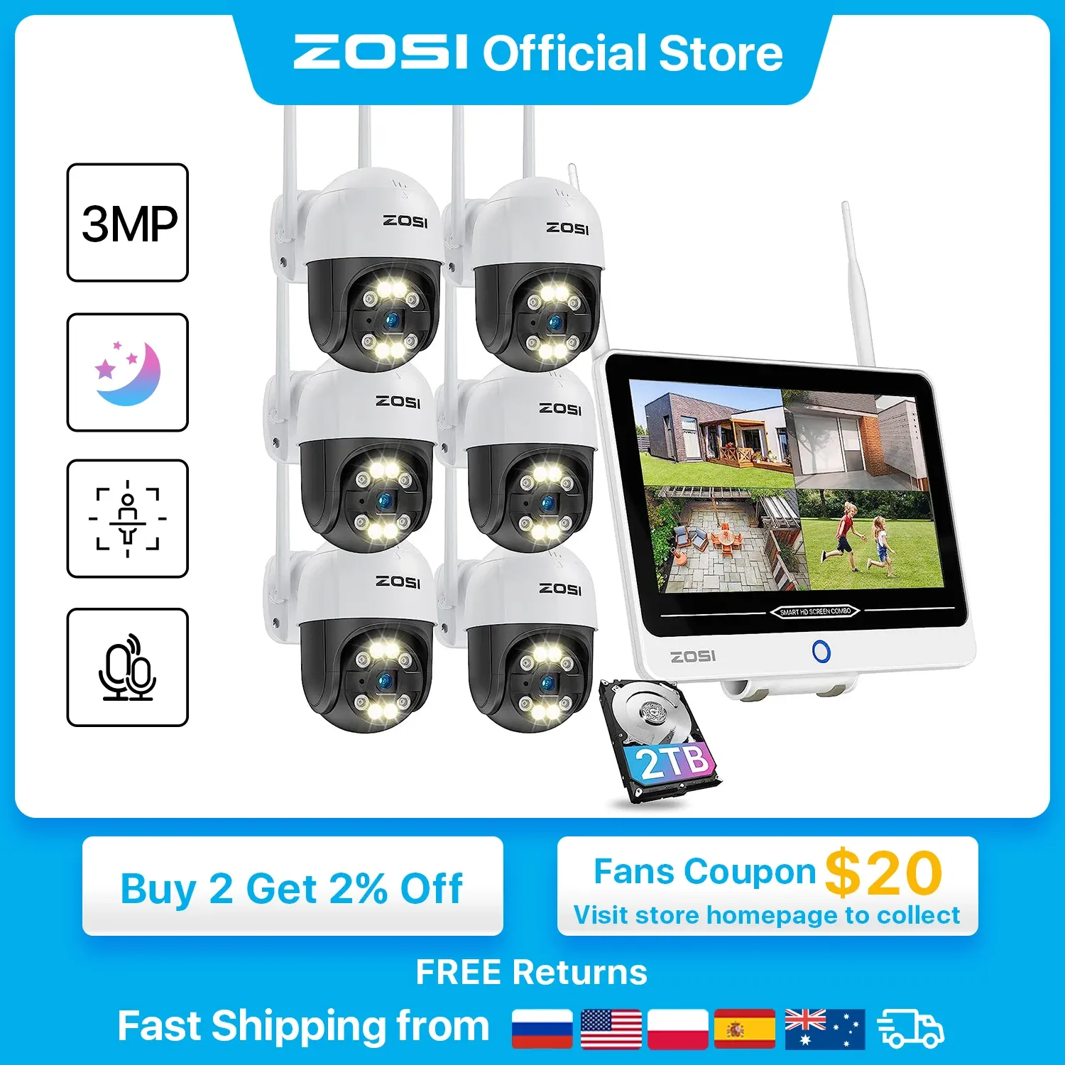 Cameras Zosi 3MP Wireless PTZ Camera System 12,5 pouces moniteur LCD 2K HD WiFi IP Security Cameras 8CH CCTV Set Video Subsilance Kit