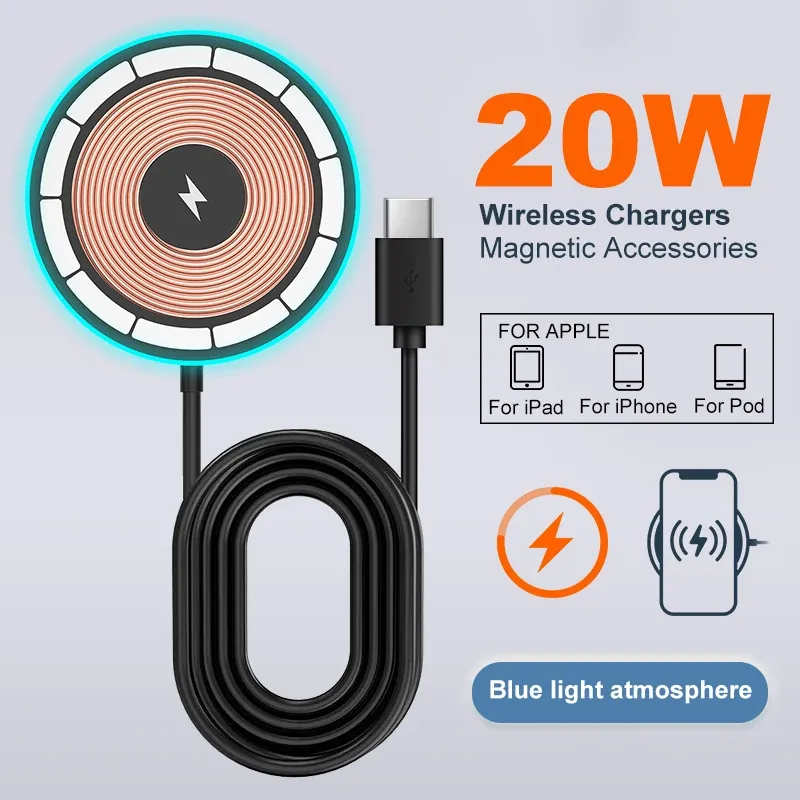 Laddare 15/20W Fast Magnetic Wireless Charger EU US Fast Charging Cable Wireless Chargers USB Typ C Bekväm telefon Hemtillbehör