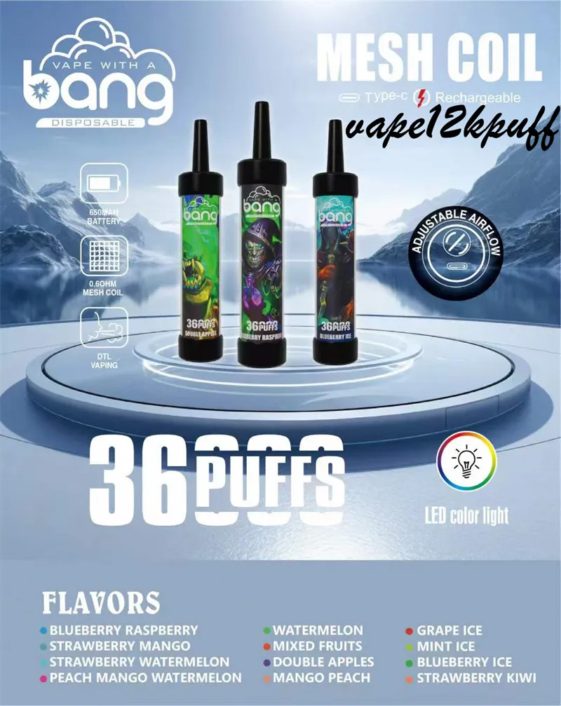 Bang Box 36KPUFF 36000PUFF DISPOLLE ELEKTRONISK E-CIGARETTE PRE FYCKLIGT 40 ML NETWORK CABLE COL CHARGEABLE PODS850MAH LED-färgljus 0% 2% 3% 5% 12 Smaker DTLVAPING