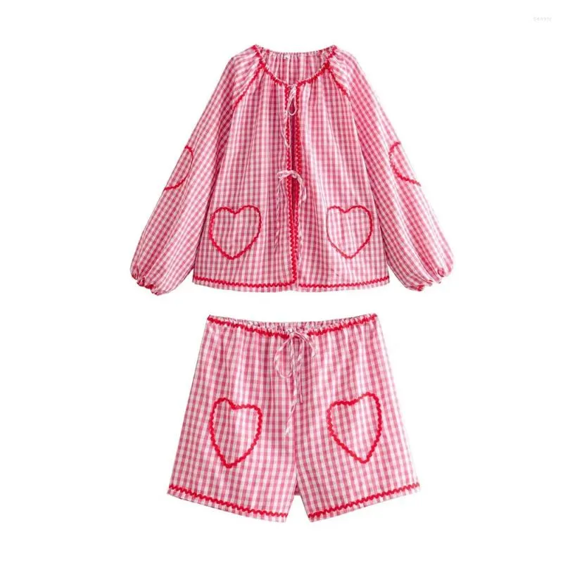 Damen T-Shirts rosa Plaid-Druck Shorts 2-Stück-Sets für Frauen lässig O-Neck süße Liebesschläuche Schnürung Langarm-Hemd hoher Taille Anzug