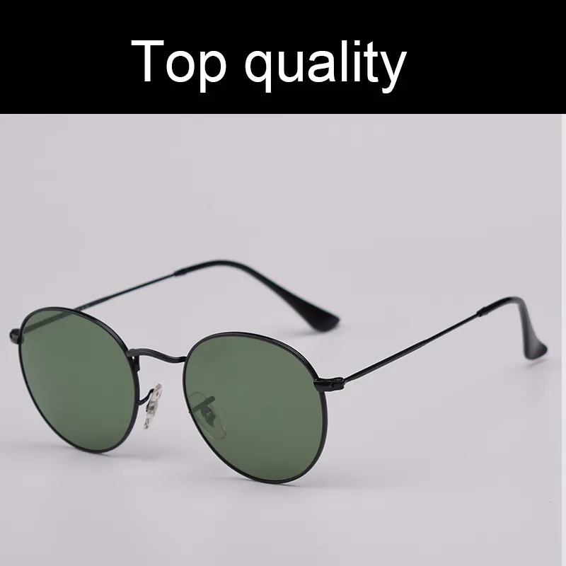 Top -Quality Classic Eyewear Luxury Sonnenbrille Männer Frauen rund Metal Echtes Glas für männliche weibliche Sonnenbrillen mit Lederbox