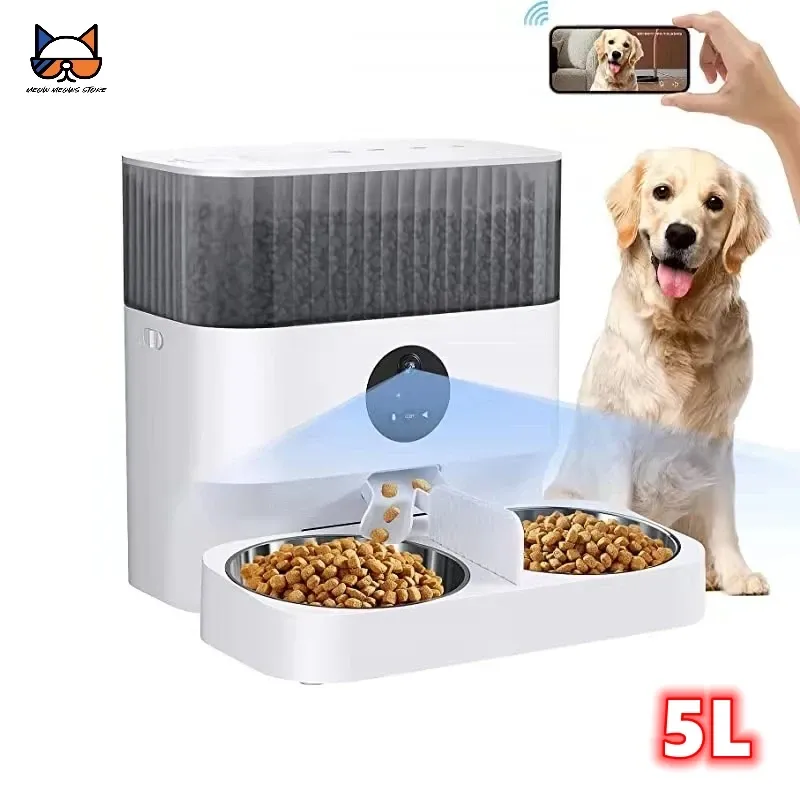 Feeders Tuya 5L Automatic Pet Feeder with Camera Timing Smart Cat & Dog Feeder WiFi Intelligent Food Dispenser Dual Stainless Steel Bowl