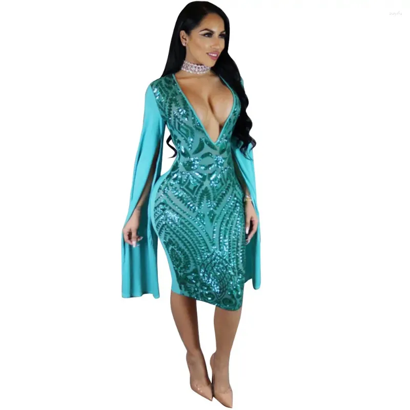 Casual Dresses Sexy Club Dress 2024 Autumn Women Long Sleeve Cloak Cape Bodycon Sequin Blue Deep V Neck Party Sequined