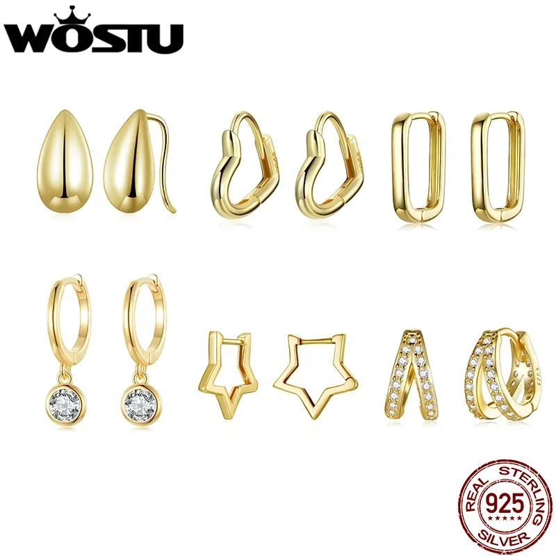 Oorbellen Wostu 925 Sterling Silver 18K Gold Wedding Hoop oorbellen Women Simple Star Geometric Earring Drop Ear Studs Betrokkenheid Pendiente