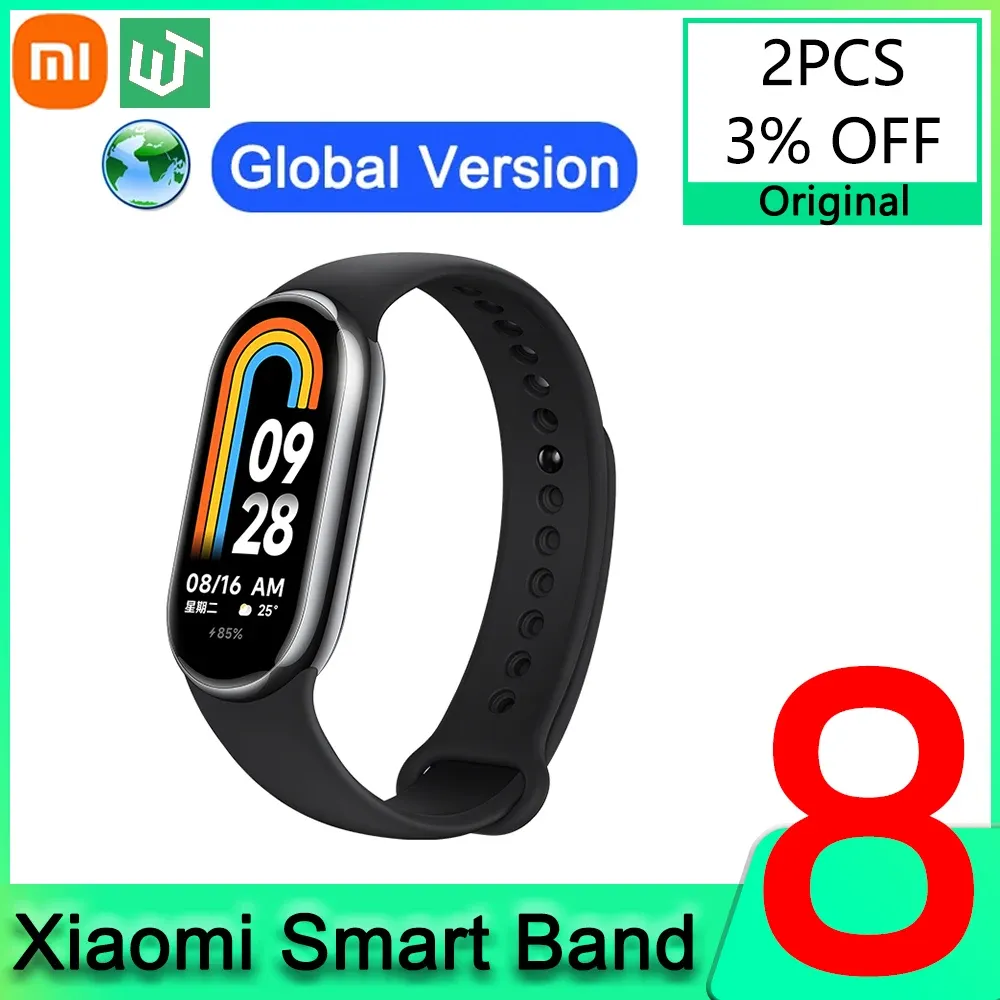 リストバンドグローバルバージョンXiaomi Mi Band 8 Blood Oxygen 1.62 '' AMOLED SCREAN FITNESSスマートブレスレット長バッテリー寿命150+スポーツモード