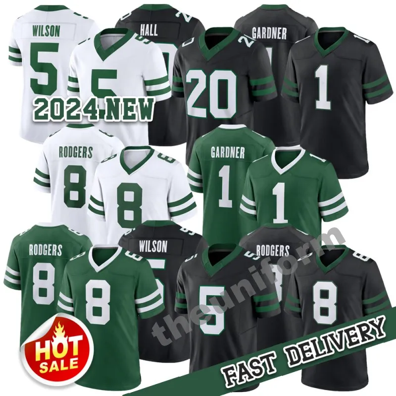 2025 MEN 5 GARRETT WILSON 20 BREECE HALL Jerseys 8 Aaron Rodgers 1 Ahmad Sos Gardner 12 Joe Namath Football Jersey Size S-3xl