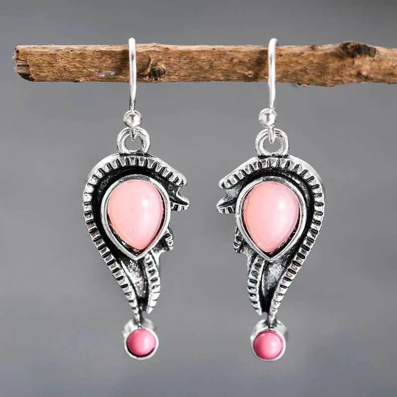 Charm vintage etnisk rosa sten metall droppörhängen långa vingar örhänge för kvinnor flickor eleganta kvinnliga smycken personliga tillbehör y240423