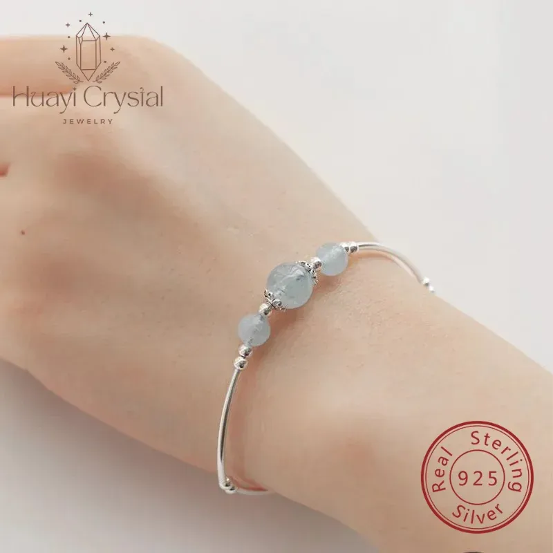 Strängar 925 Silverarmband Natural Aquamarine Crystal Pink Crystal Armband Korean Par Silver Armband