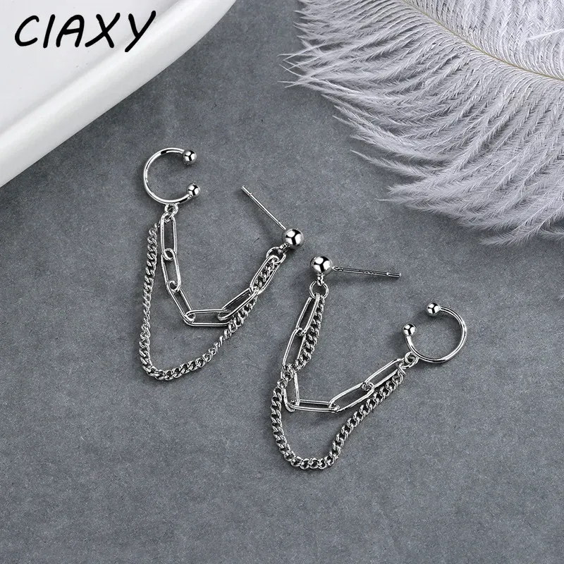 Örhängen Ciaxy Silver Color Doublelayer Chain Earrings For Women Cool Personality Ear Studs Ear Clip Ear Cuff Fashion Smyckespresent