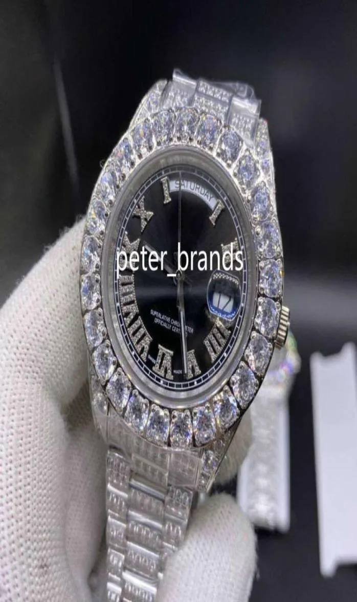 Men039s Pełny mrożony diamentowy Zestaw Zestaw Zestaw Silver Silver Stael Stael Case Black Face Pasek Diamentowy Automatyczny mechaniczny 9771772