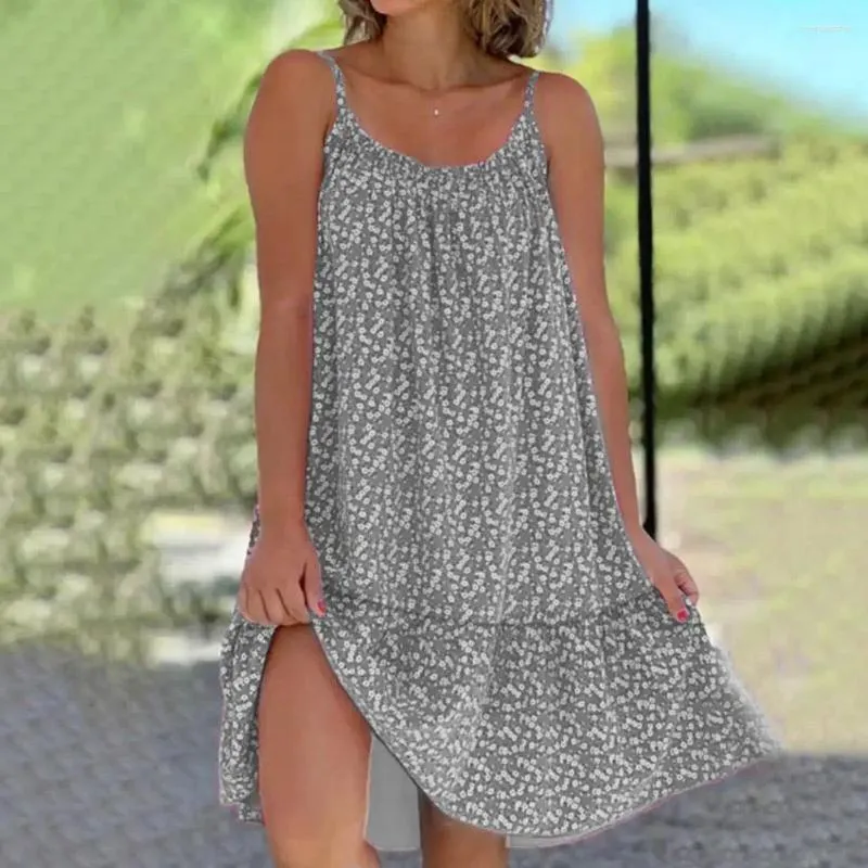 Casual Dresses Strappy Dress Floral Print Sleeveless Midi with Pleated Patchwork Hem Backless Design Womens Summer Vacation Beach A-Line
