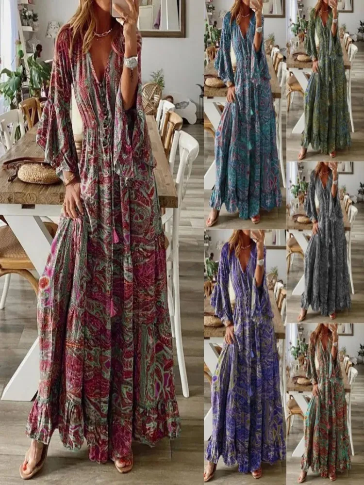 2023Cross Border Bohemian style flared sleeve printed Vneck high waisted holiday dress with floral for wom 240418