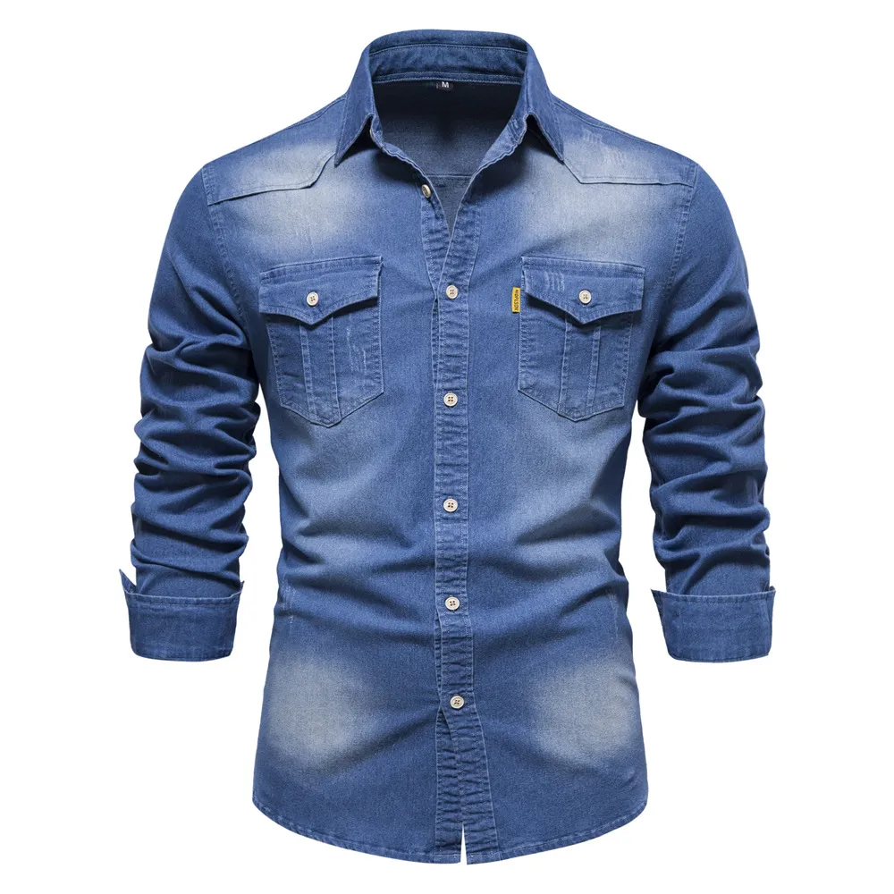jeans dark blue designer shirt Designer Denim Shirt Mens Casual Solid Color Black Navy Blue Slim