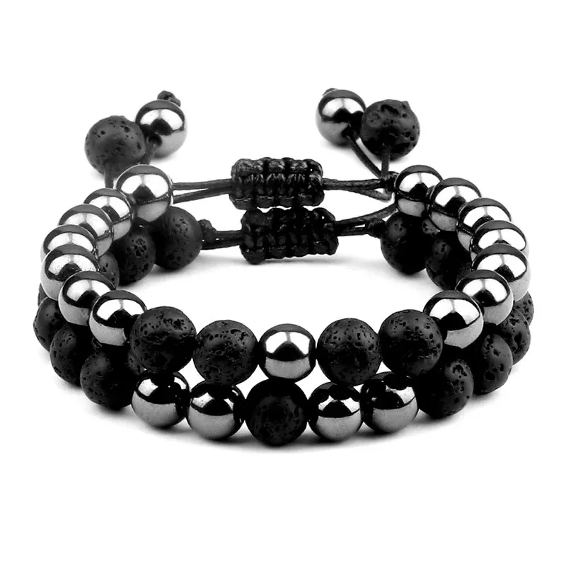 Bracele 2pcs hommes hématite bracelets en perles de lave noire 8 mm Stone Tiger Eye Energy Bracelets Couple Distance Distance Bangle Bijoux
