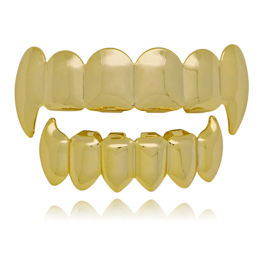 Gold Plated 18k Smooth 6 Teeth Tiger Teeth Hip Hop Teeth Set for Men and Women Vampire Teeth Halloween Accessories Grills