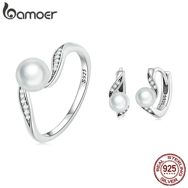 Clips Bamoer 925 Sterling Silver Geometric Quality Shell Pearl Ring & Ear Buckle Jewelry Set Pave Setting CZ for Women Engagement Gift