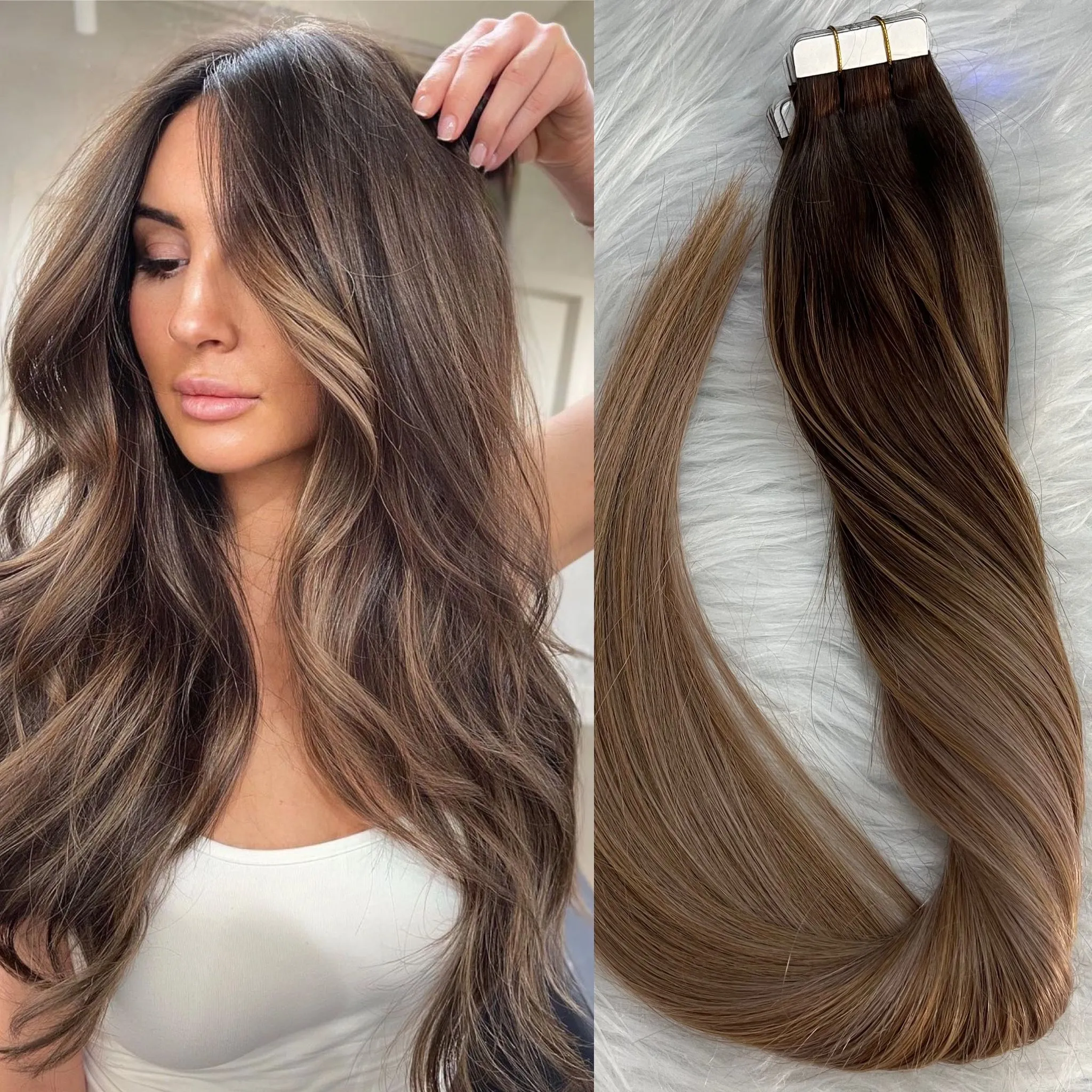 Ombre Tape In Human Hair Extensions Balayage T2/6/Remy Brazilian