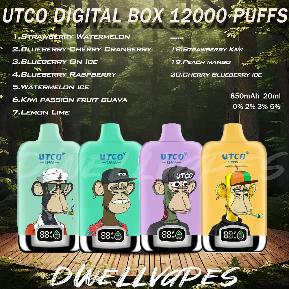 UTCO Digital Box 12000 Puff Ujeżdżalne Vape 12k Puffs E papierosy Vaper 850MAH Urządzenie akumulatorowe 20 ml kasety pod paskiem 0% 2% 3% 5% Poziom 20 Hurtownik smakowy