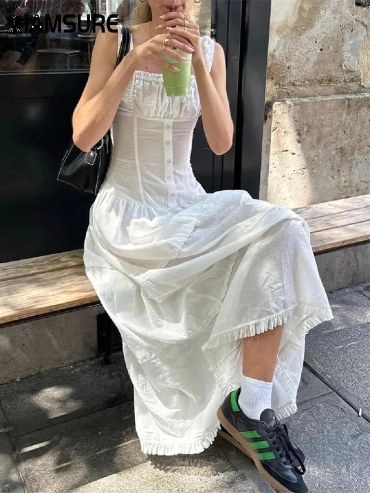 Casual Dresses Iamsure Beach Style Solid A-Line Dress Holiday French Square Collar Sleeveless Maxi For Women 2024 Summer Fashion Lady