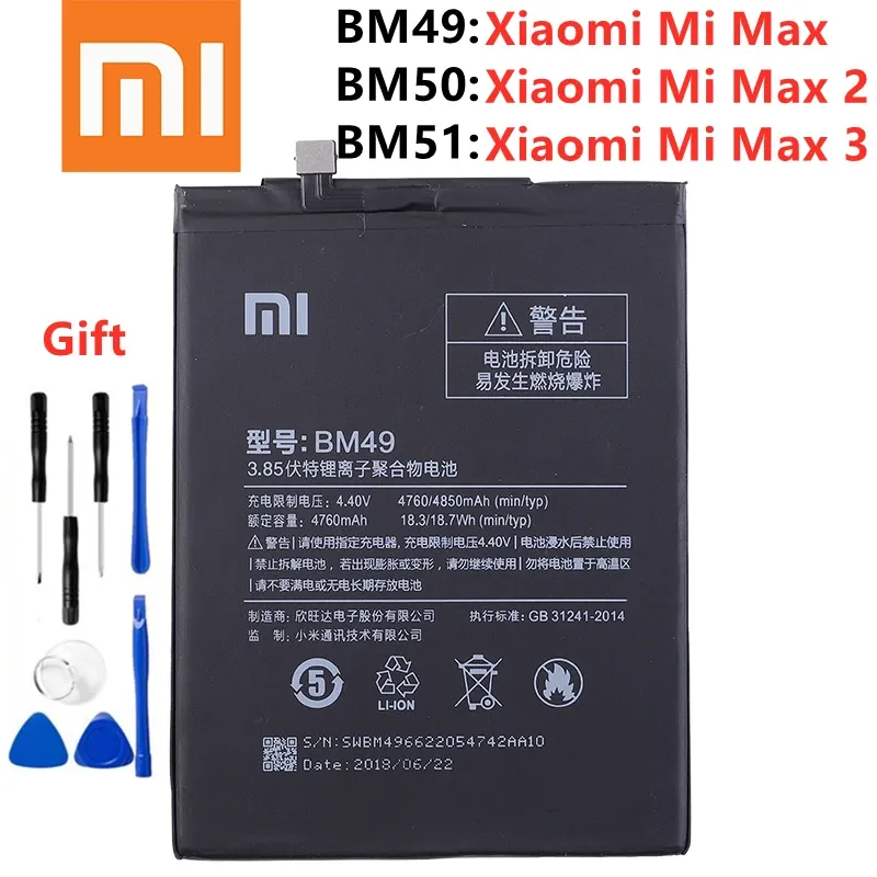 Chaussures Xiao MI 100% ORGINAL BM49 BM50 BM51 Batterie pour Xiaomi Mi Max Max 2 Max 3 BM49 BM50 BM51 Batteries de remplacement du téléphone + outils