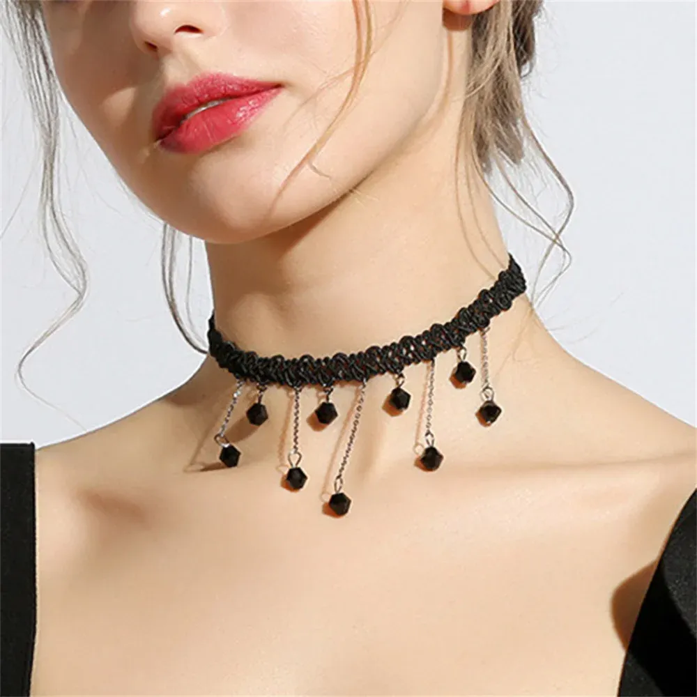 Collane Nero Colore Black Acrilico Bappata a pendente Collar a mano in pizzo Collana girocollo per le donne Gioielli gotici Gioielli a catena Drop Shipping