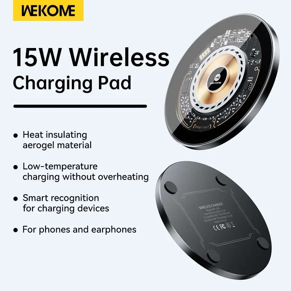 Laddare Wekome 15W Trådlös laddningsplatta USB A till TypeC Transparent Metal Charger Portable och Mini Adapter för iPhone/Samsung/Pixel