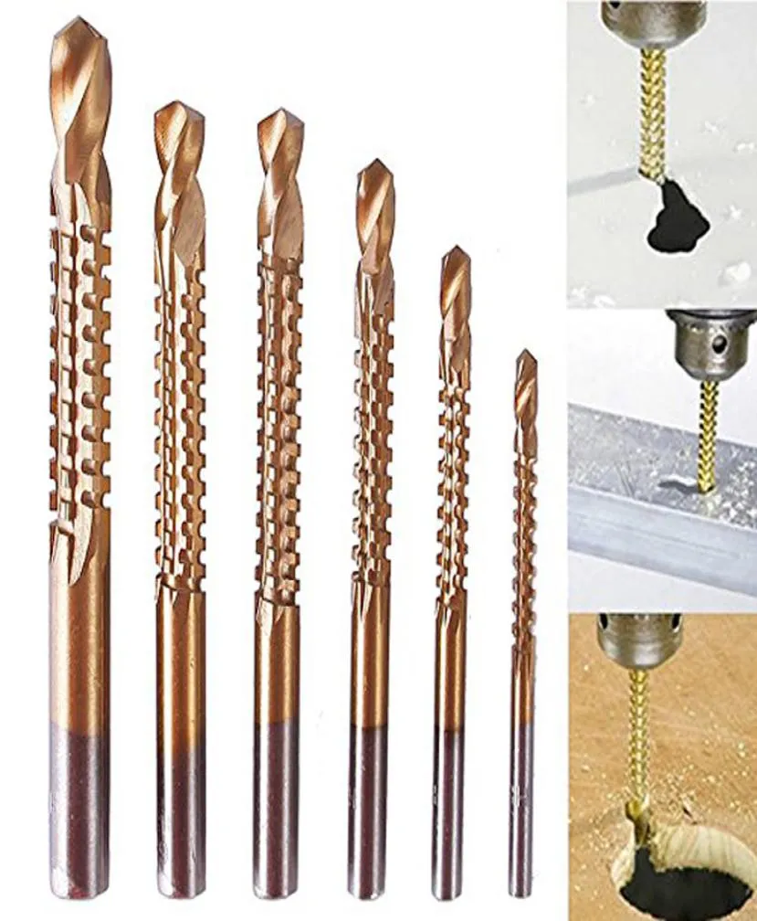 6pcs com revestimento de titânio HSS Bit Bit Bit Drill Drill elétrico Era de metal Greia de caça de serra de madeira Bits de perfuração de madeira Carpenter Woodwork3435000