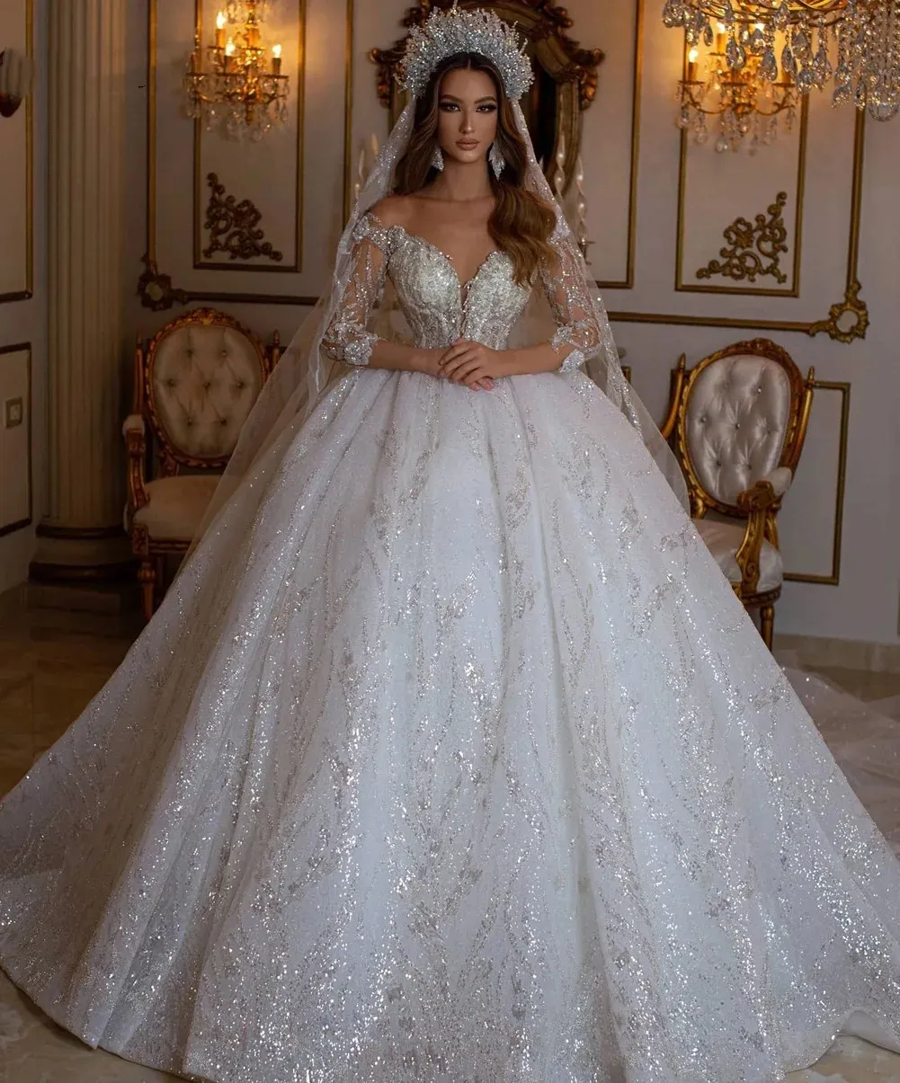 New Sparkly Wedding Dresses 2024 Off Shoulder Lace Beads Long Sleeves Lace-Up A-line Bridal Gowns Vestidos De Novia Arabic Dubai