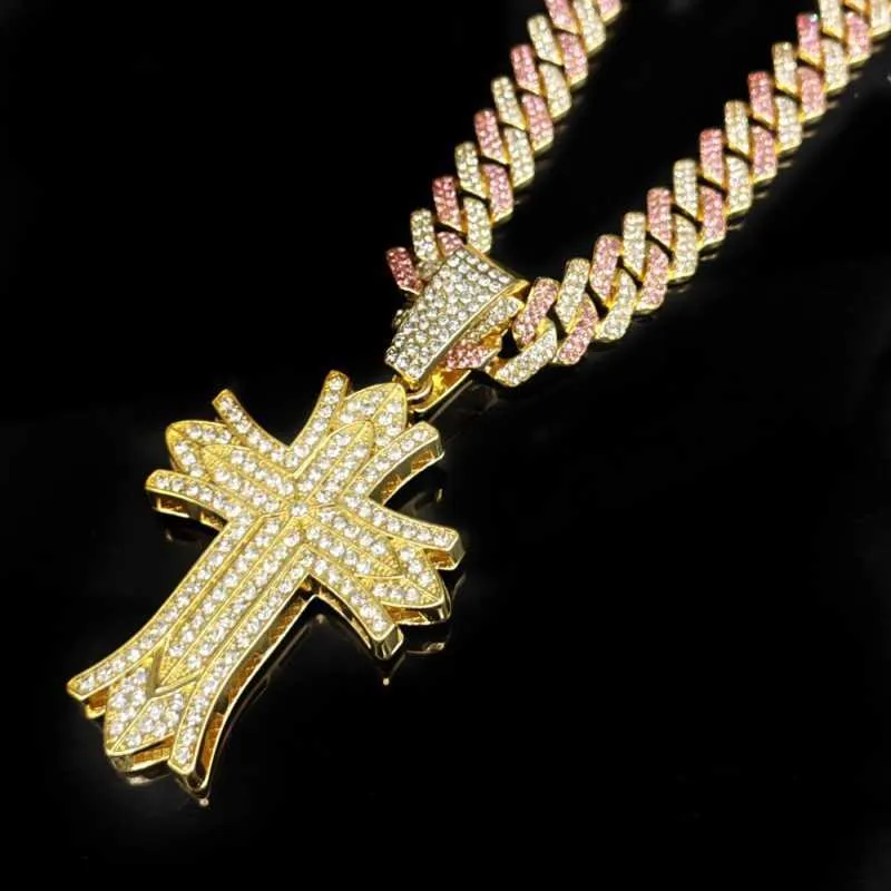 Nieuw kleurrijke diamantpatroon Cross ketting Hip Hop Fashion veelzijdige trui -ketting