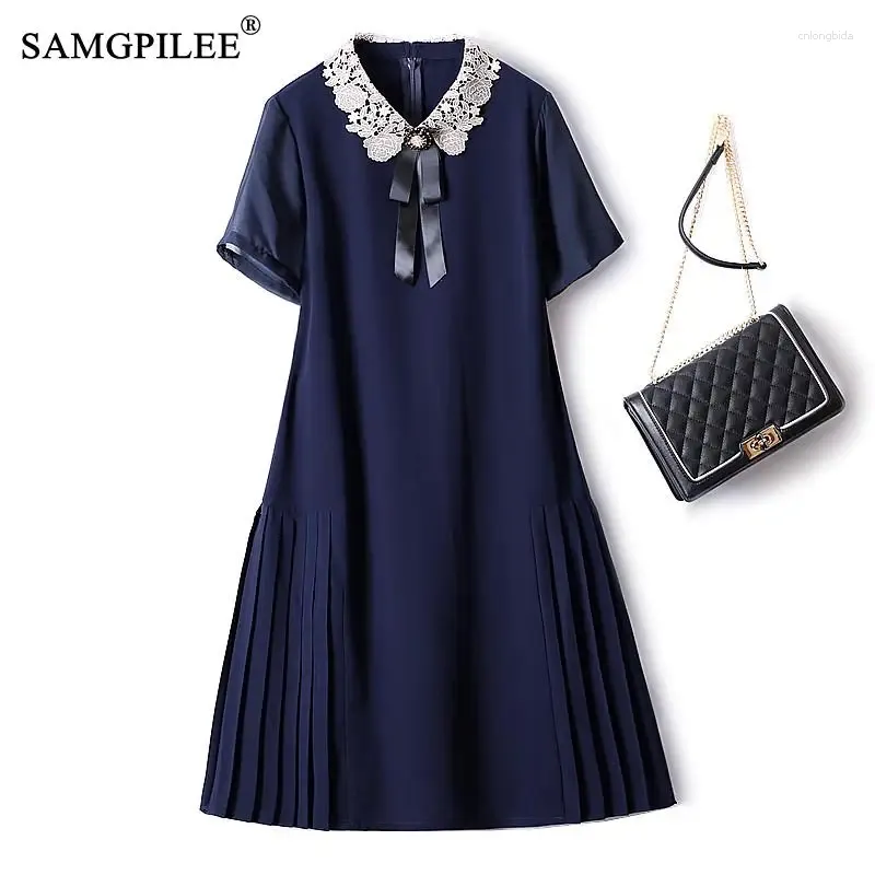 Party Dresses Elegant Women's For 2024 European Station Crochet Lace Doll Collar Slim Fit Drape Short Sleeve Dress Summer