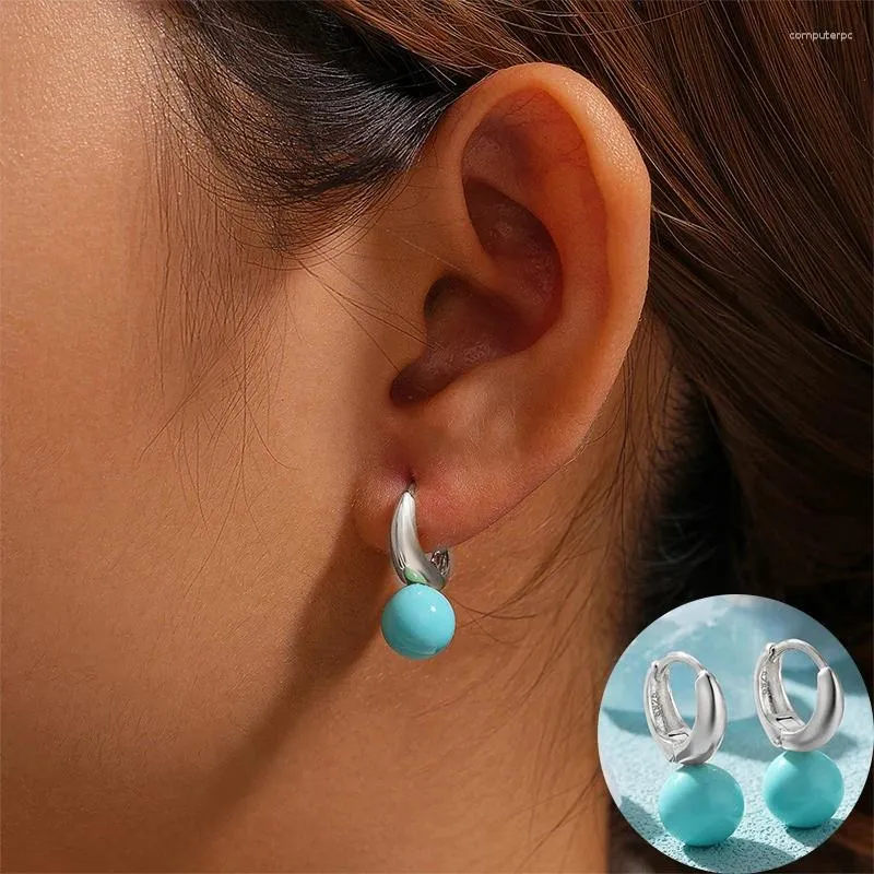 Boucles d'oreilles cerceaux 925 STERLING Silver Turquoise Géométrique Gérothécaire pour femmes Fashion Simple Round Design Bijoux Party Gift Drop