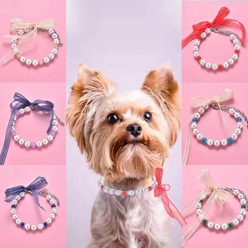 Dog Collars Cute Pet Pearl Necklace Bow Cat Collar Pets Accessories Adjustable Kitten Party Dress Up Harness Dogs Jewelry