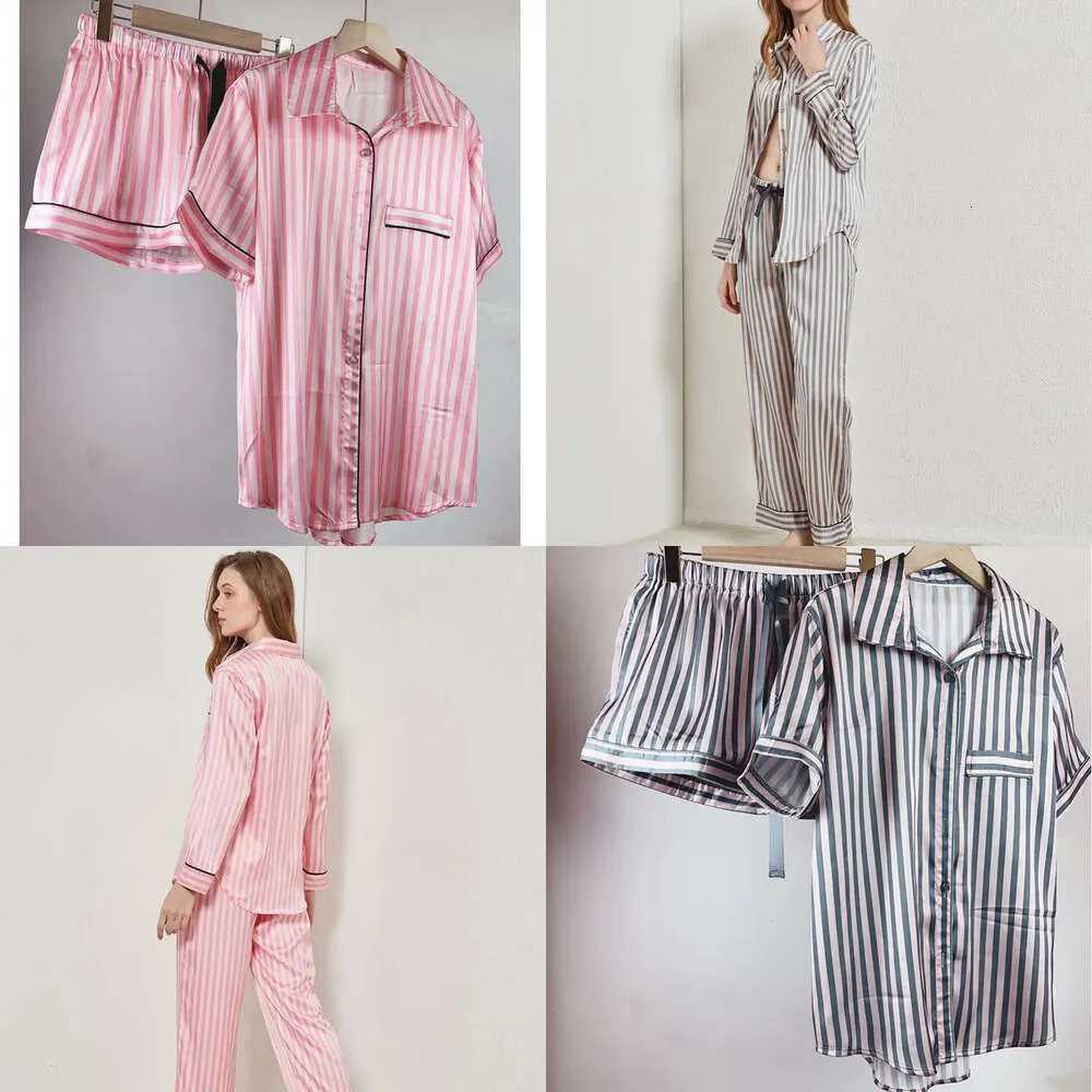 Pamas Summer for Women Satin Silk Striped Sleepwear 2 Pieces Set Sleep Tops Pants Pjs Ladies Night Wear Loungewear Home Suit 220329 039