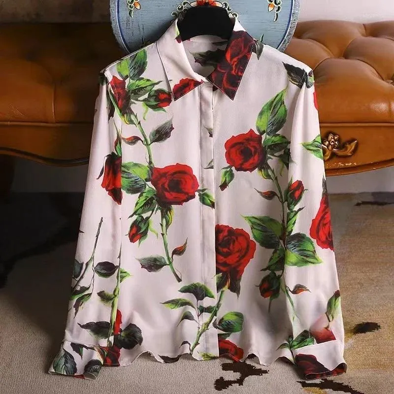 Frauenblusen Satinhemden Drucke Lose Vintage Seiden Frühling/Sommer Damen Kleidung Mode Langarmes Frauen Tops Ycmyunyan